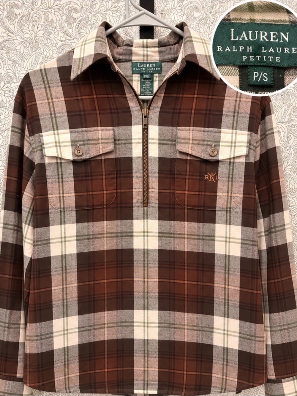 Lauren Ralph Lauren Brown Plaid Button-Front Half-Zip Shirt